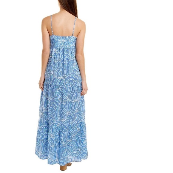 J McLaughlin Paris Linen Maxi Dress Geti Swirl Blue White Aqua Size S NEW - Picture 2 of 14